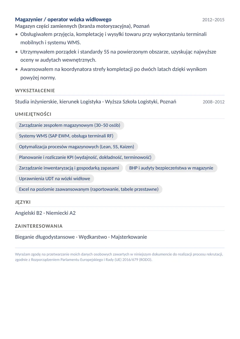 Wzór CV — Kierownik magazynu — strona 2