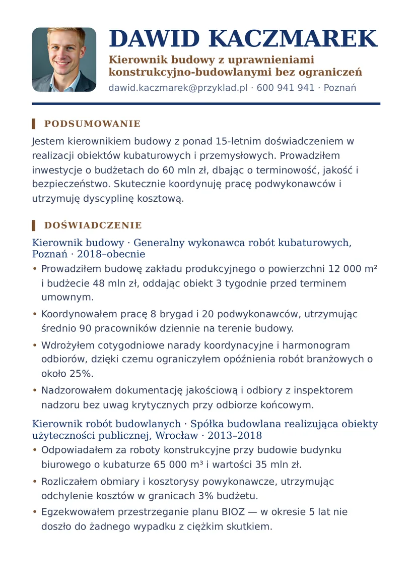 Wzór CV — Kierownik budowy — strona 1