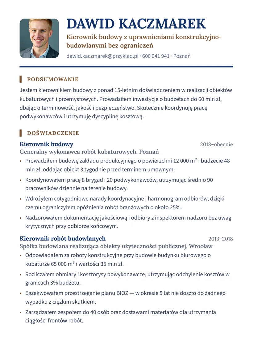 Wzór CV — Kierownik budowy — strona 1