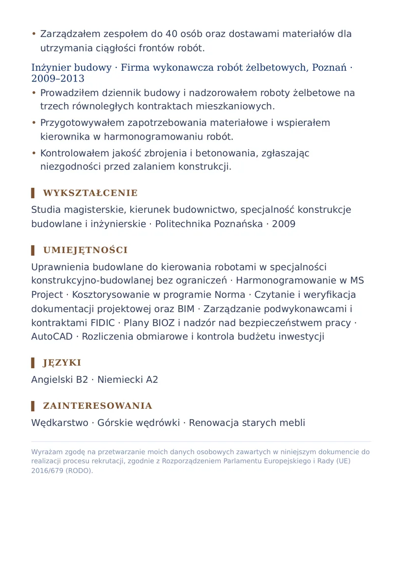 Wzór CV — Kierownik budowy — strona 2