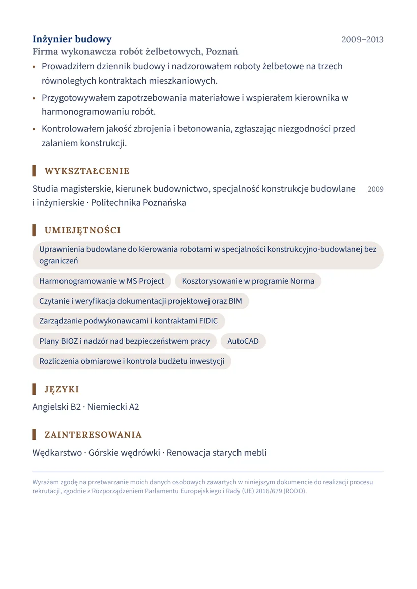Wzór CV — Kierownik budowy — strona 2