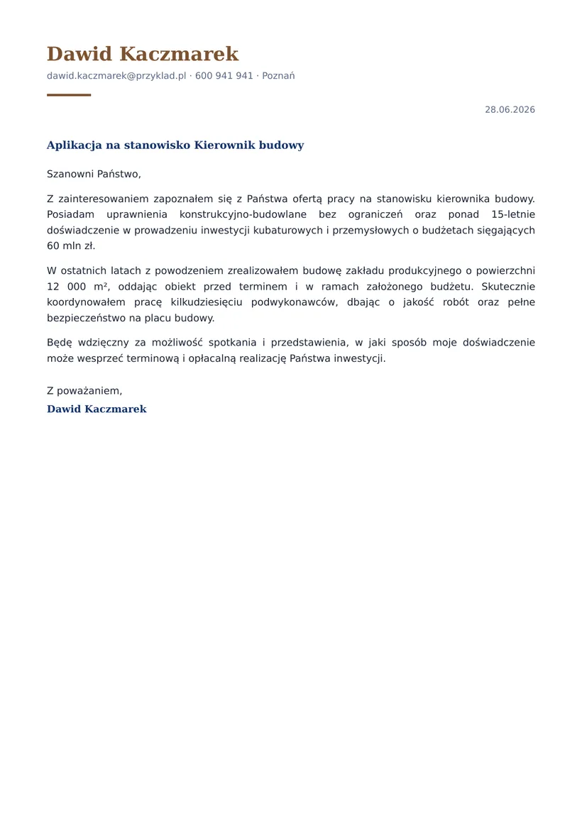 Wzór listu motywacyjnego — Kierownik budowy