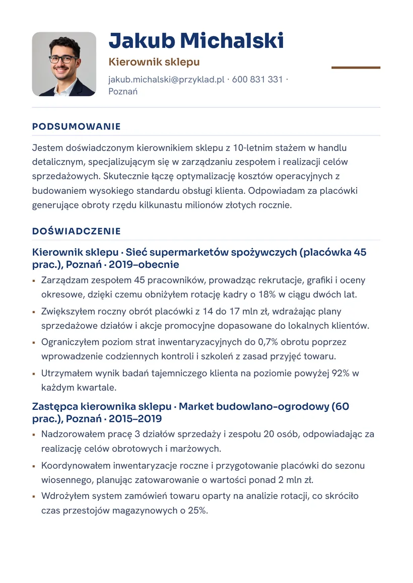 Wzór CV — Kierownik sklepu — strona 1