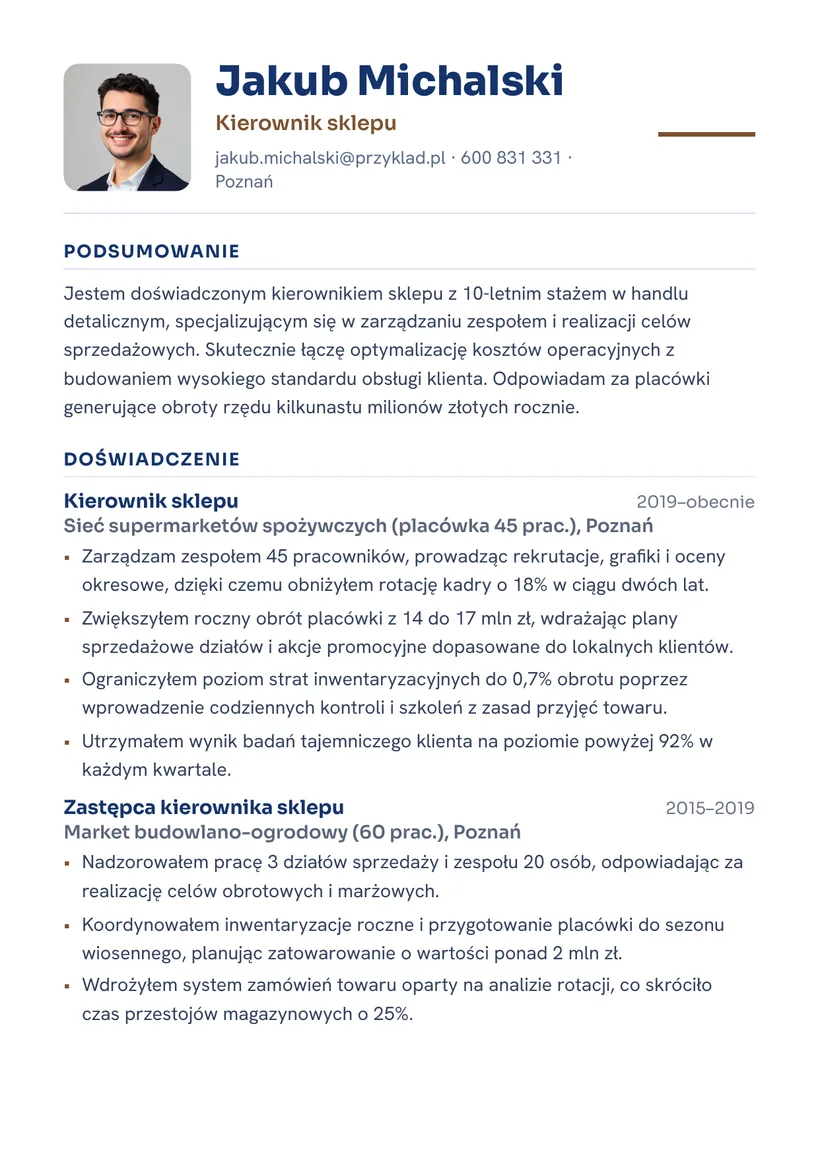 Wzór CV — Kierownik sklepu — strona 1