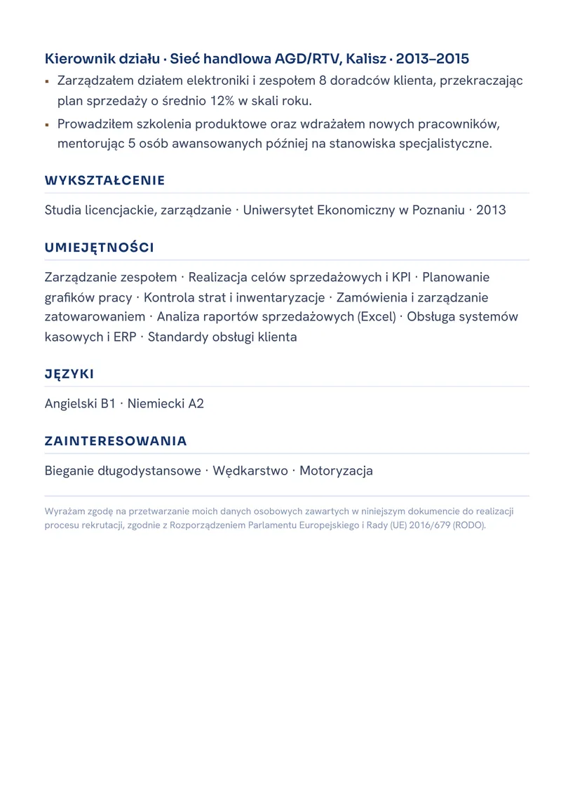 Wzór CV — Kierownik sklepu — strona 2