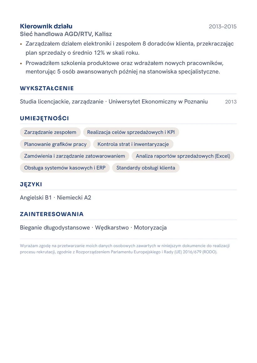 Wzór CV — Kierownik sklepu — strona 2