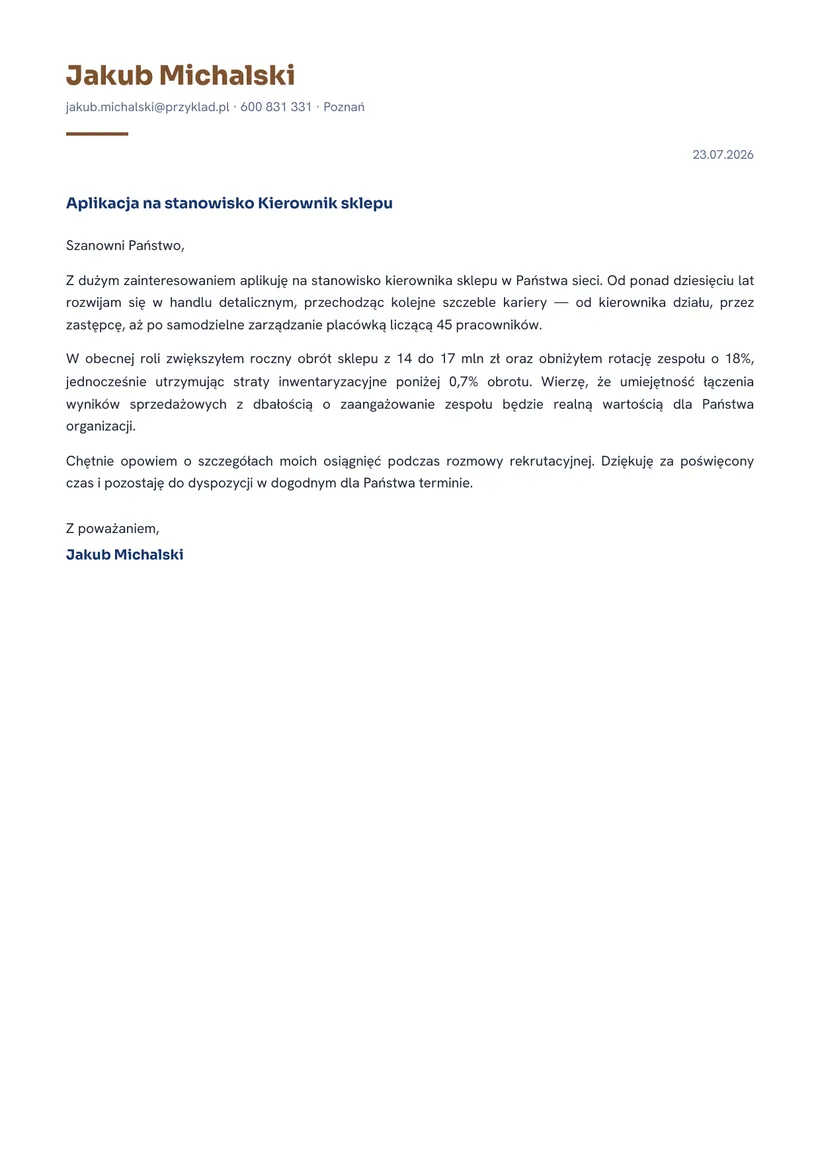Wzór listu motywacyjnego — Kierownik sklepu