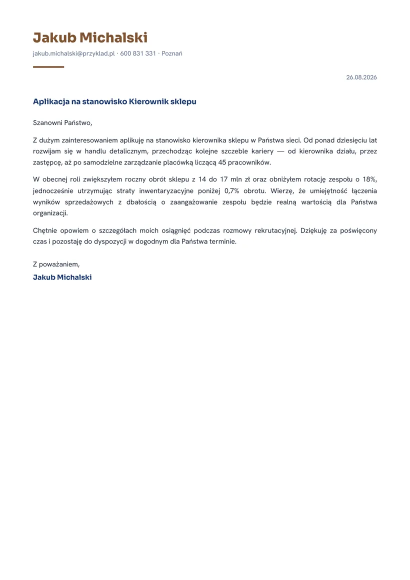 Wzór listu motywacyjnego — Kierownik sklepu