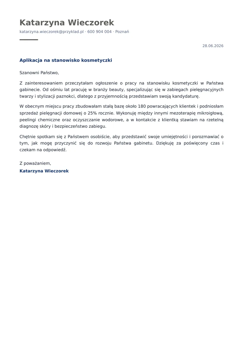 Wzór listu motywacyjnego — Kosmetyczka