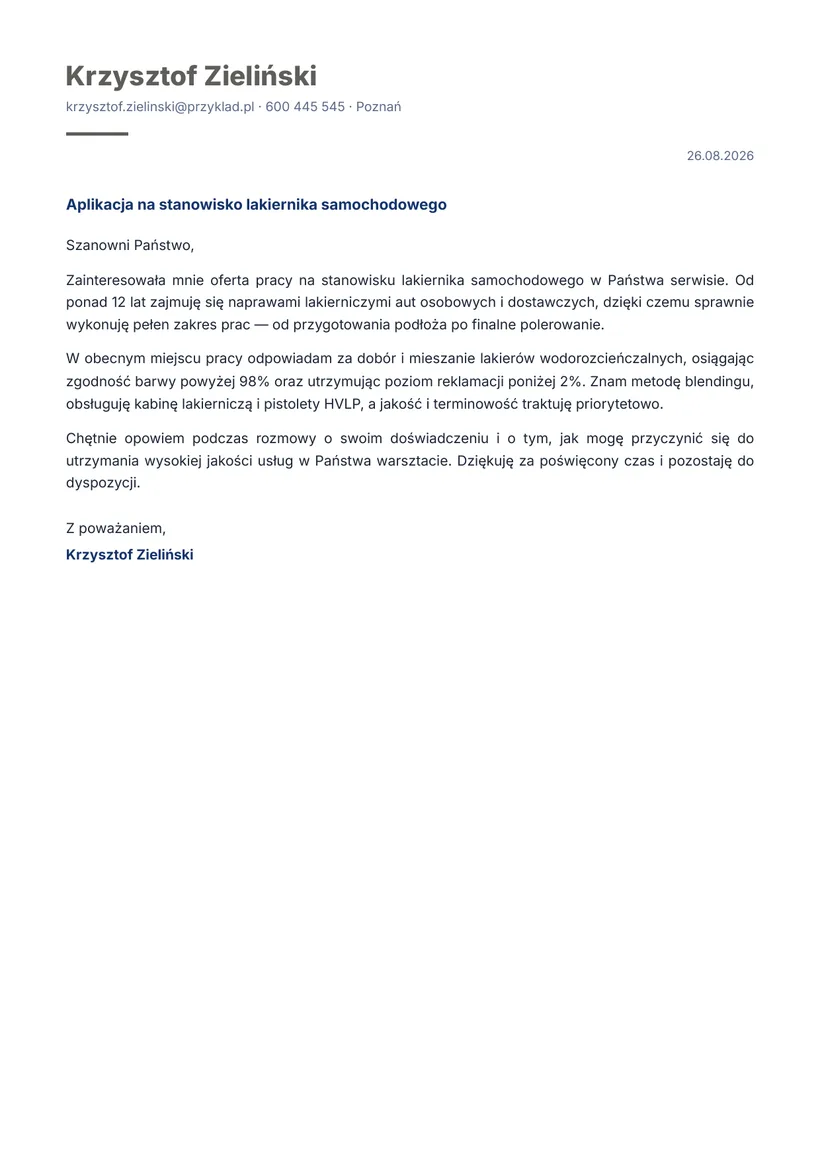 Wzór listu motywacyjnego — Lakiernik samochodowy
