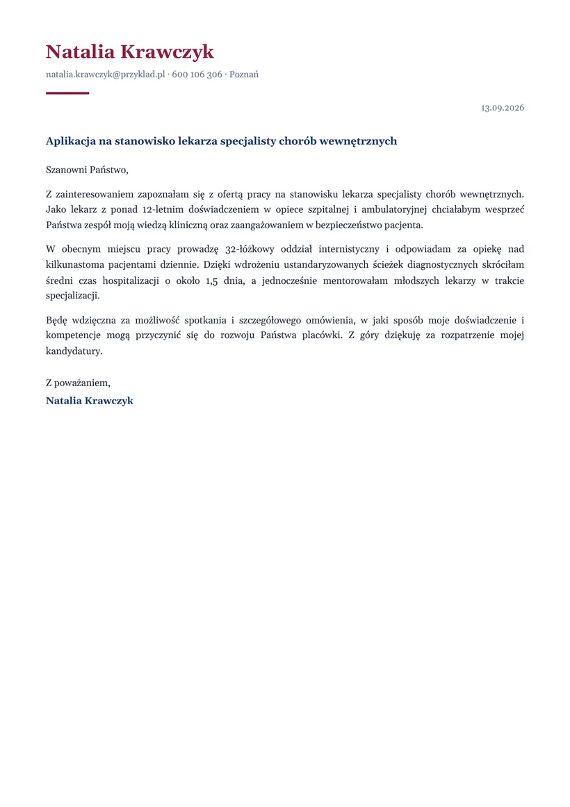 Wzór listu motywacyjnego — Lekarz