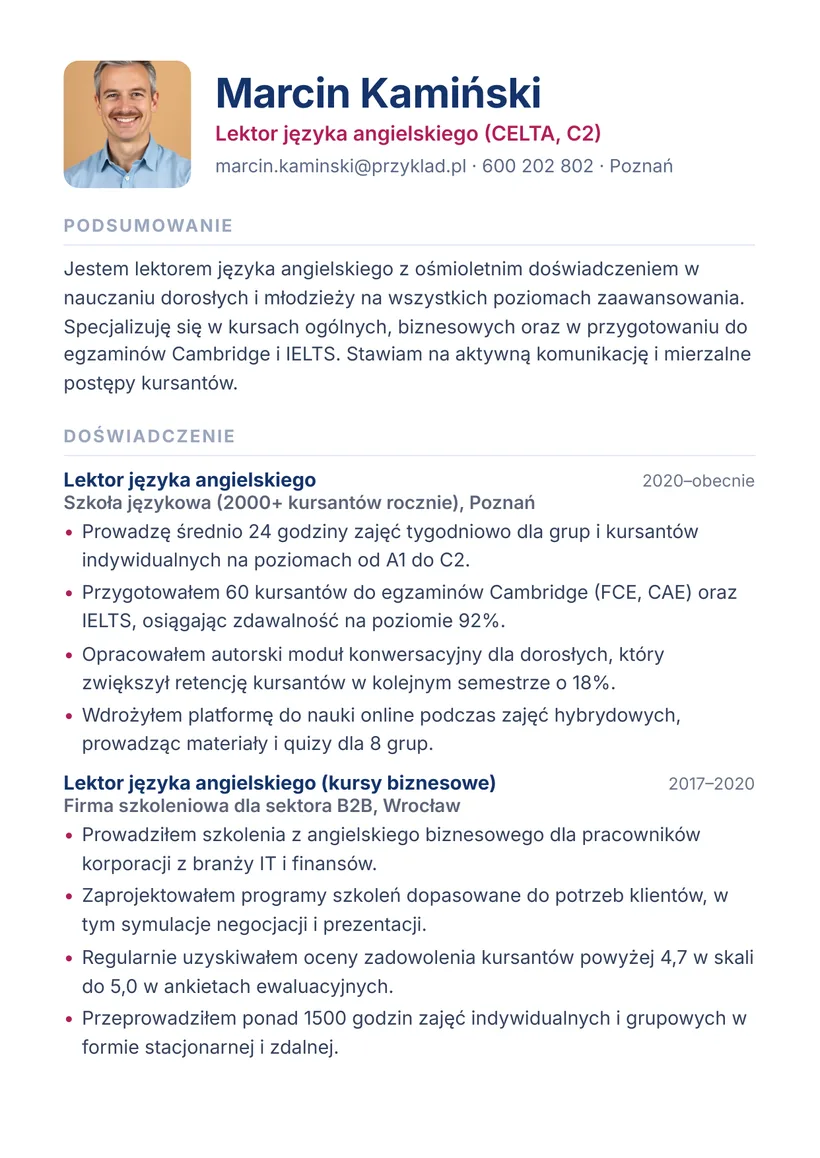 Wzór CV — Lektor języka angielskiego — strona 1