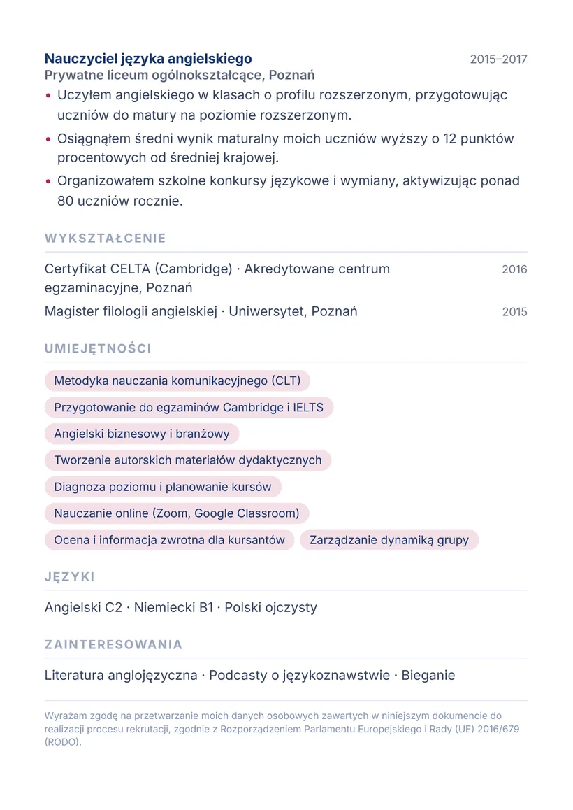 Wzór CV — Lektor języka angielskiego — strona 2