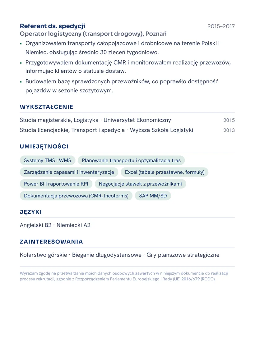 Wzór CV — Specjalista ds. logistyki — strona 2