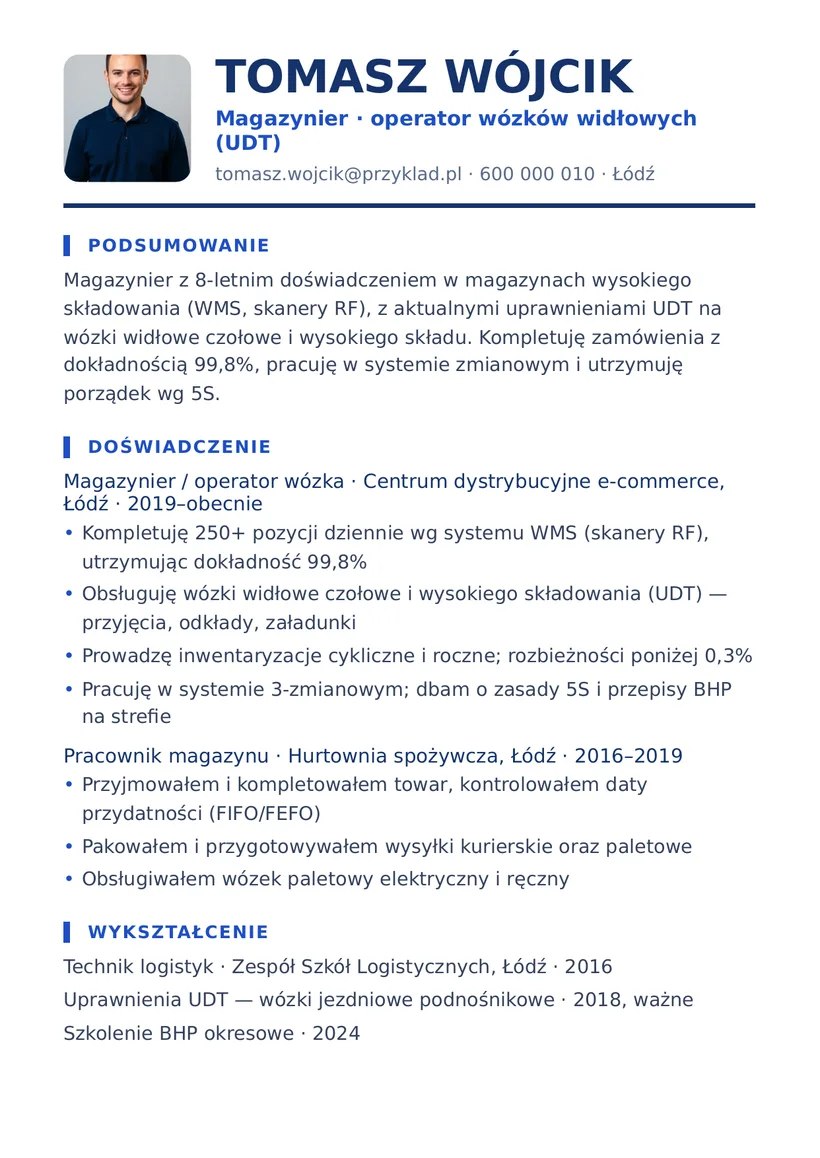 Wzór CV — Magazynier (operator wózków widłowych) — strona 1