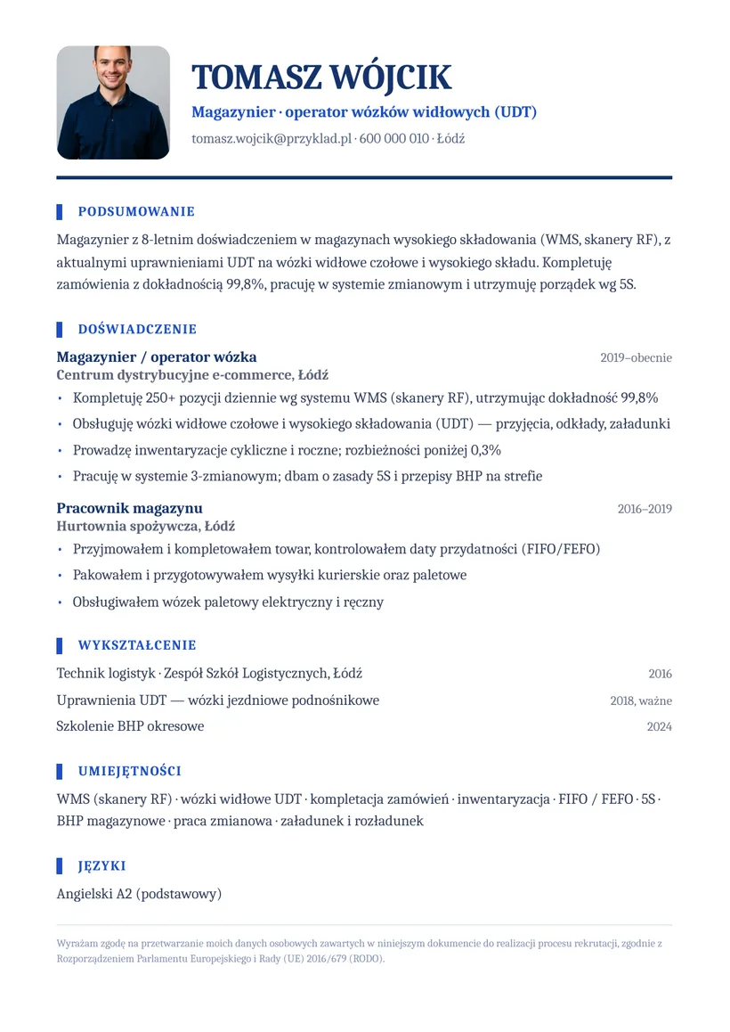Wzór CV — Magazynier (operator wózków widłowych) — strona 1