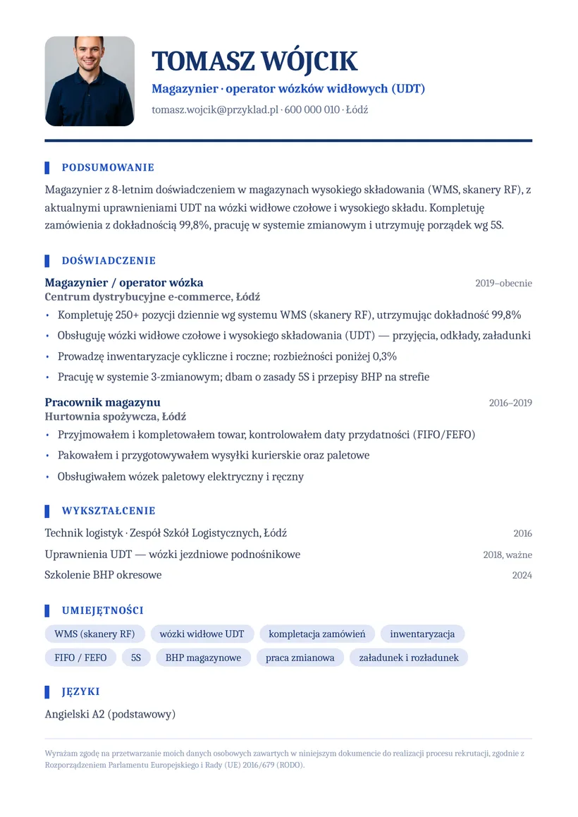 Wzór CV — Magazynier (operator wózków widłowych) — strona 1