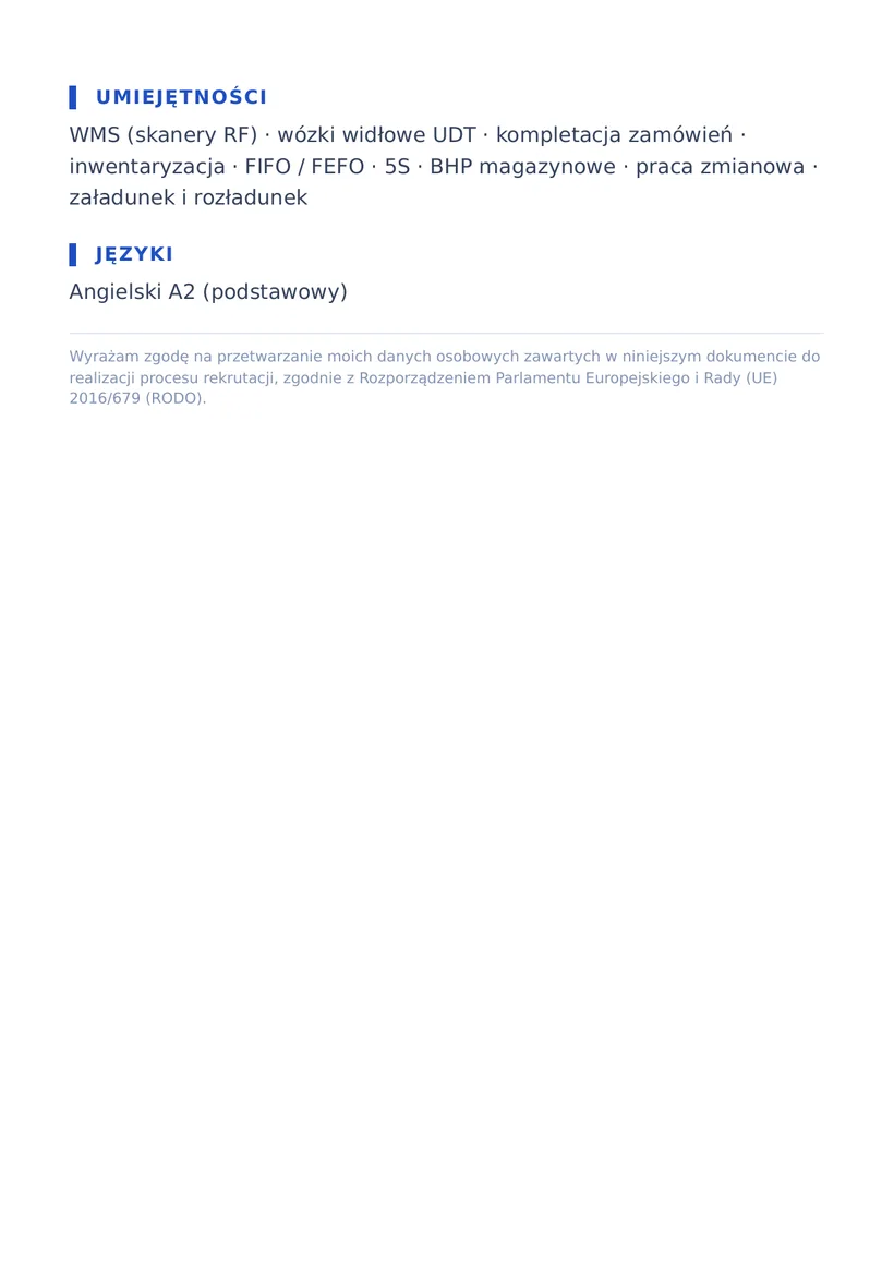 Wzór CV — Magazynier (operator wózków widłowych) — strona 2