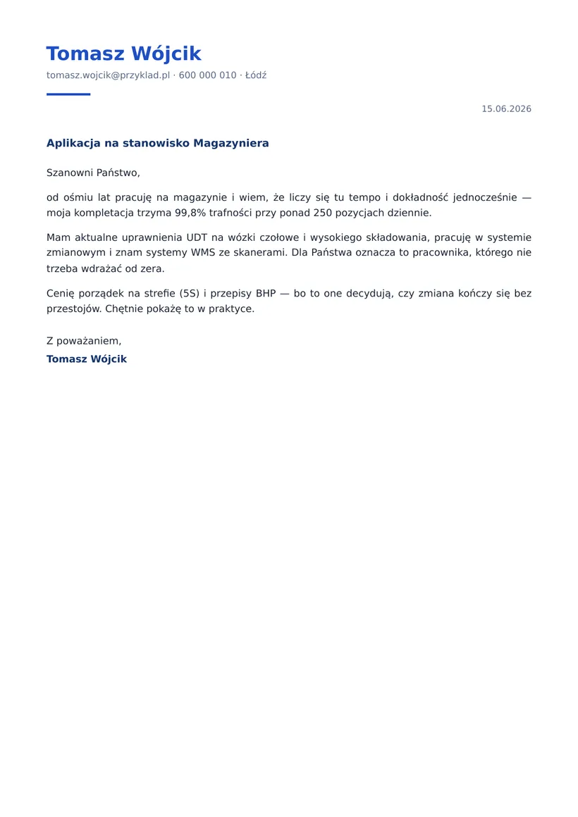 Wzór listu motywacyjnego — Magazynier (operator wózków widłowych)