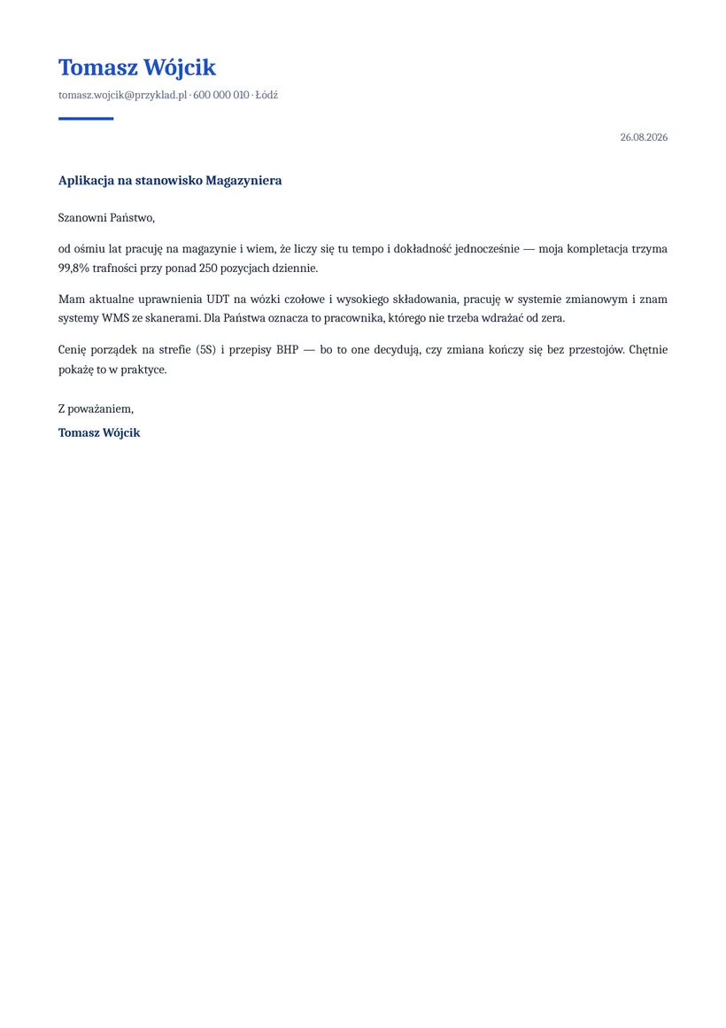 Wzór listu motywacyjnego — Magazynier (operator wózków widłowych)