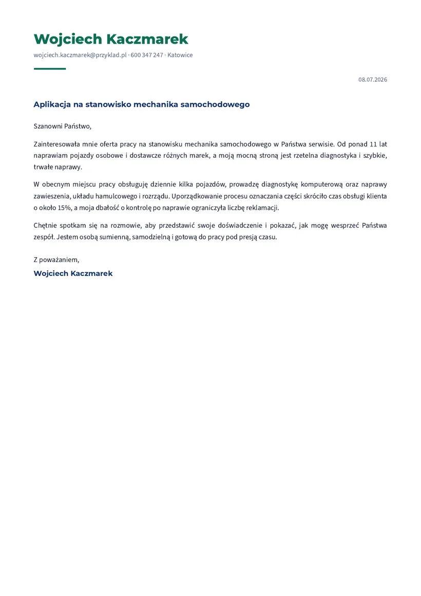 Wzór listu motywacyjnego — Mechanik samochodowy