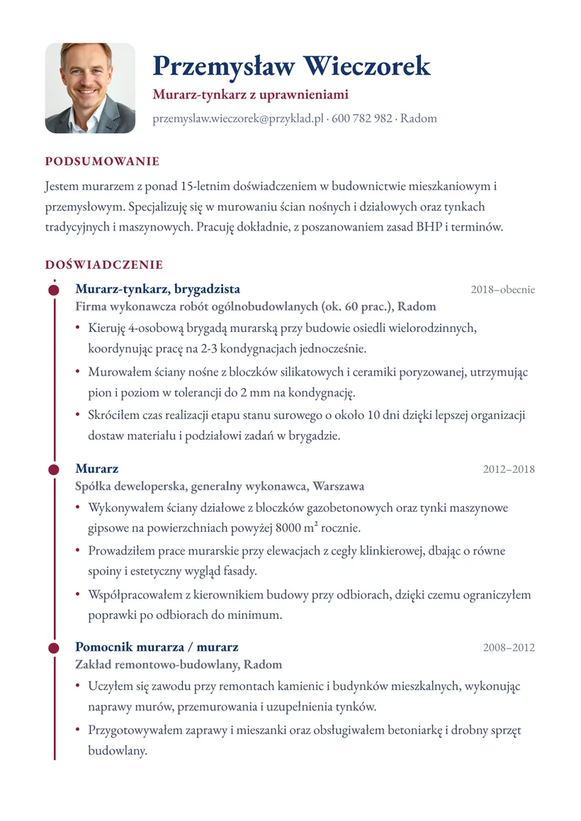 Wzór CV — Murarz — strona 1
