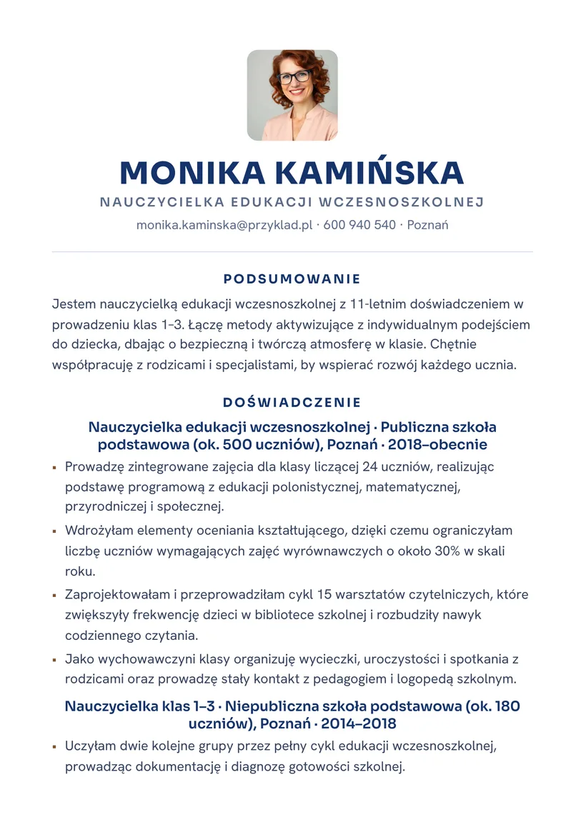 Wzór CV — Nauczyciel (edukacja wczesnoszkolna) — strona 1