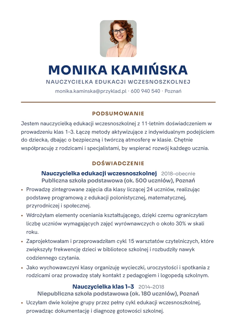 Wzór CV — Nauczyciel (edukacja wczesnoszkolna) — strona 1