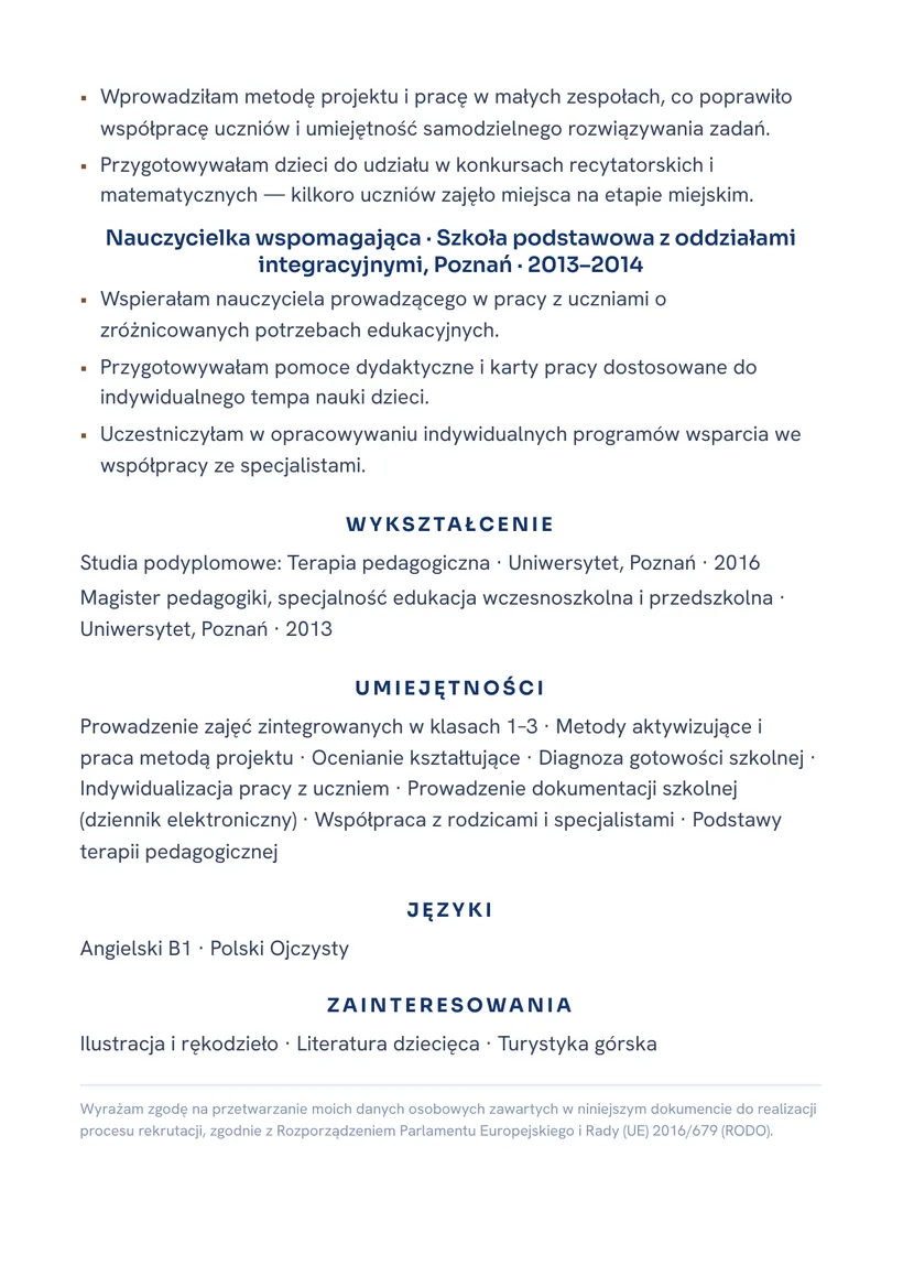 Wzór CV — Nauczyciel (edukacja wczesnoszkolna) — strona 2