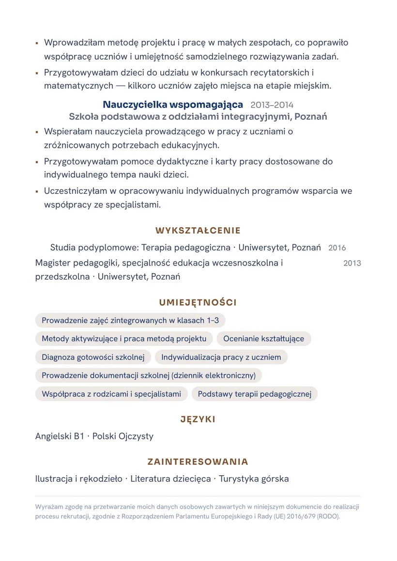 Wzór CV — Nauczyciel (edukacja wczesnoszkolna) — strona 2