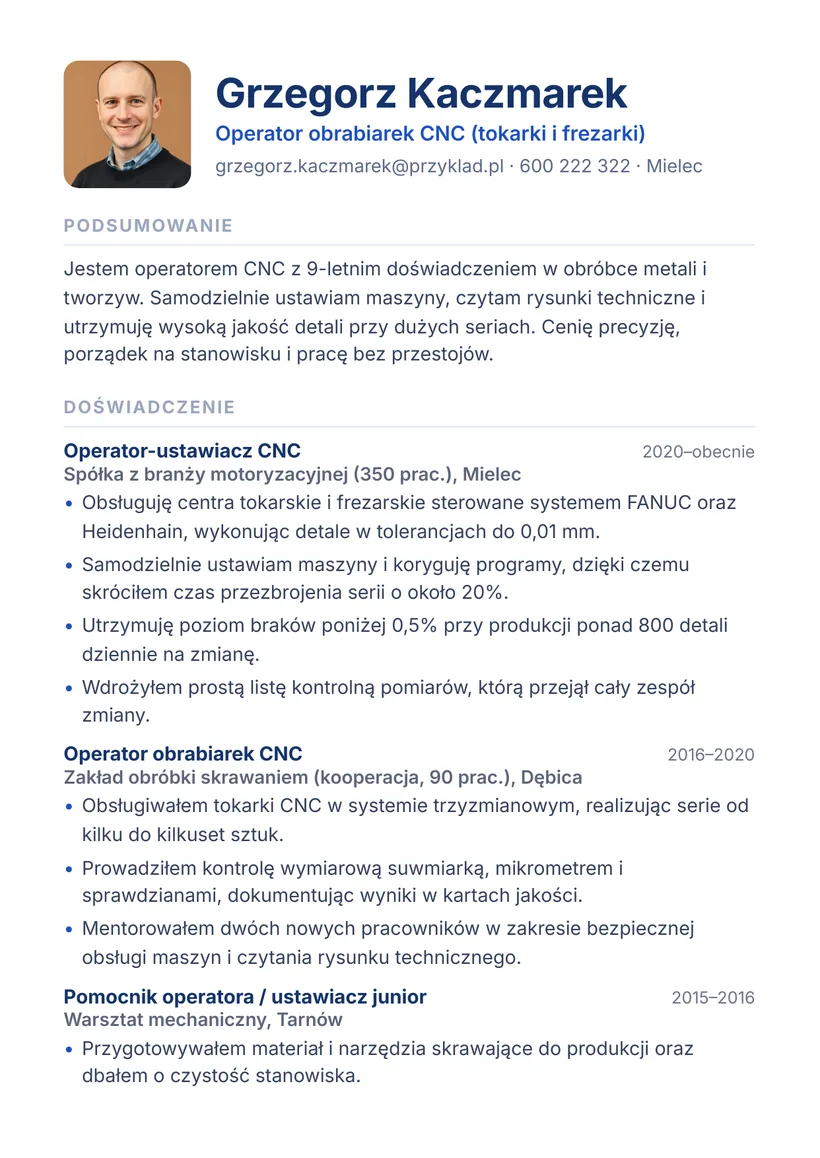 Wzór CV — Operator obrabiarek CNC — strona 1