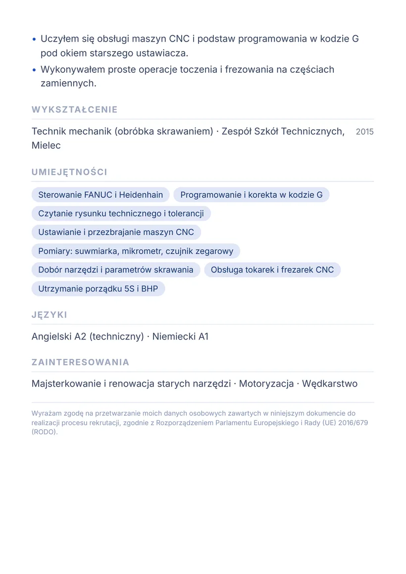 Wzór CV — Operator obrabiarek CNC — strona 2