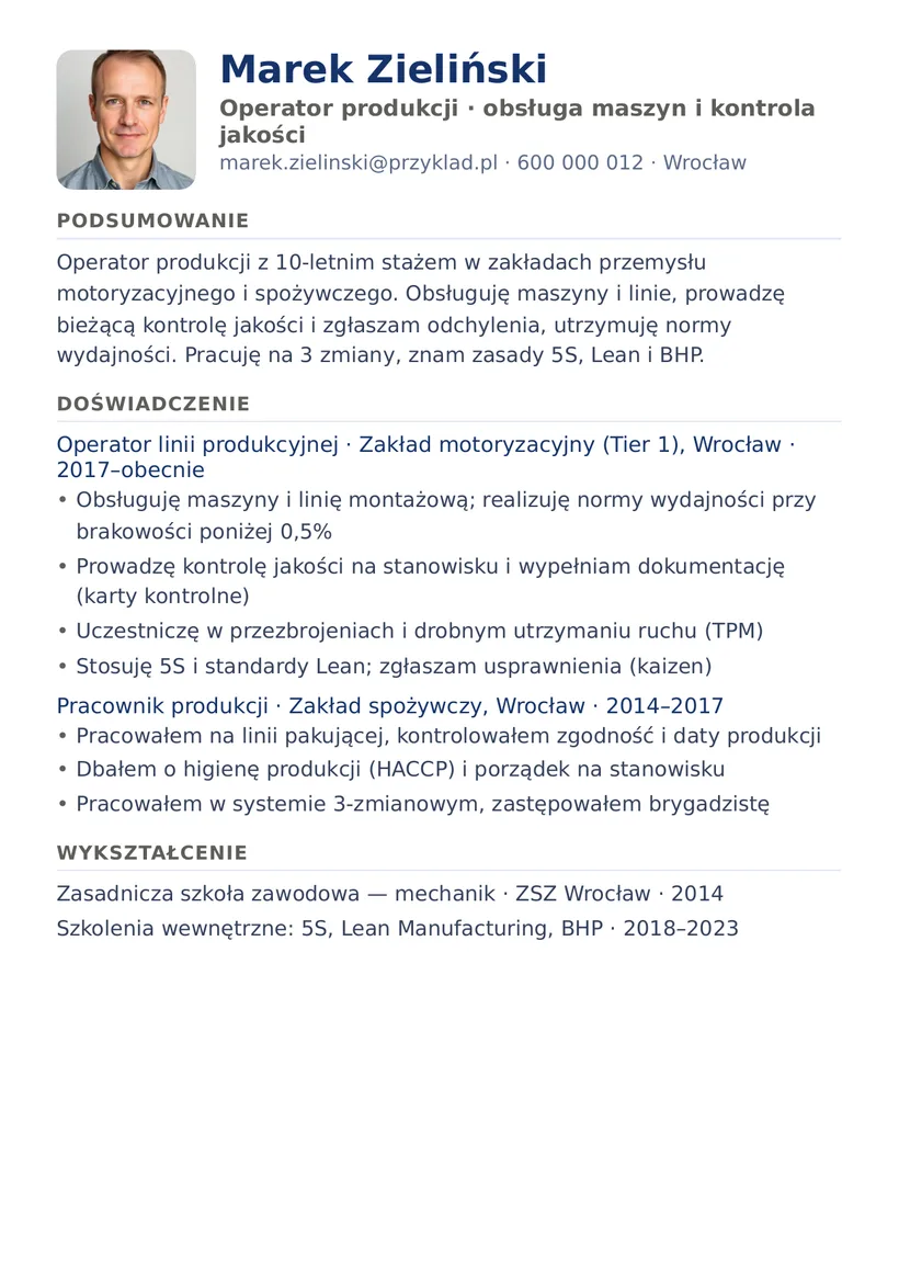 Wzór CV — Operator / pracownik produkcji — strona 1