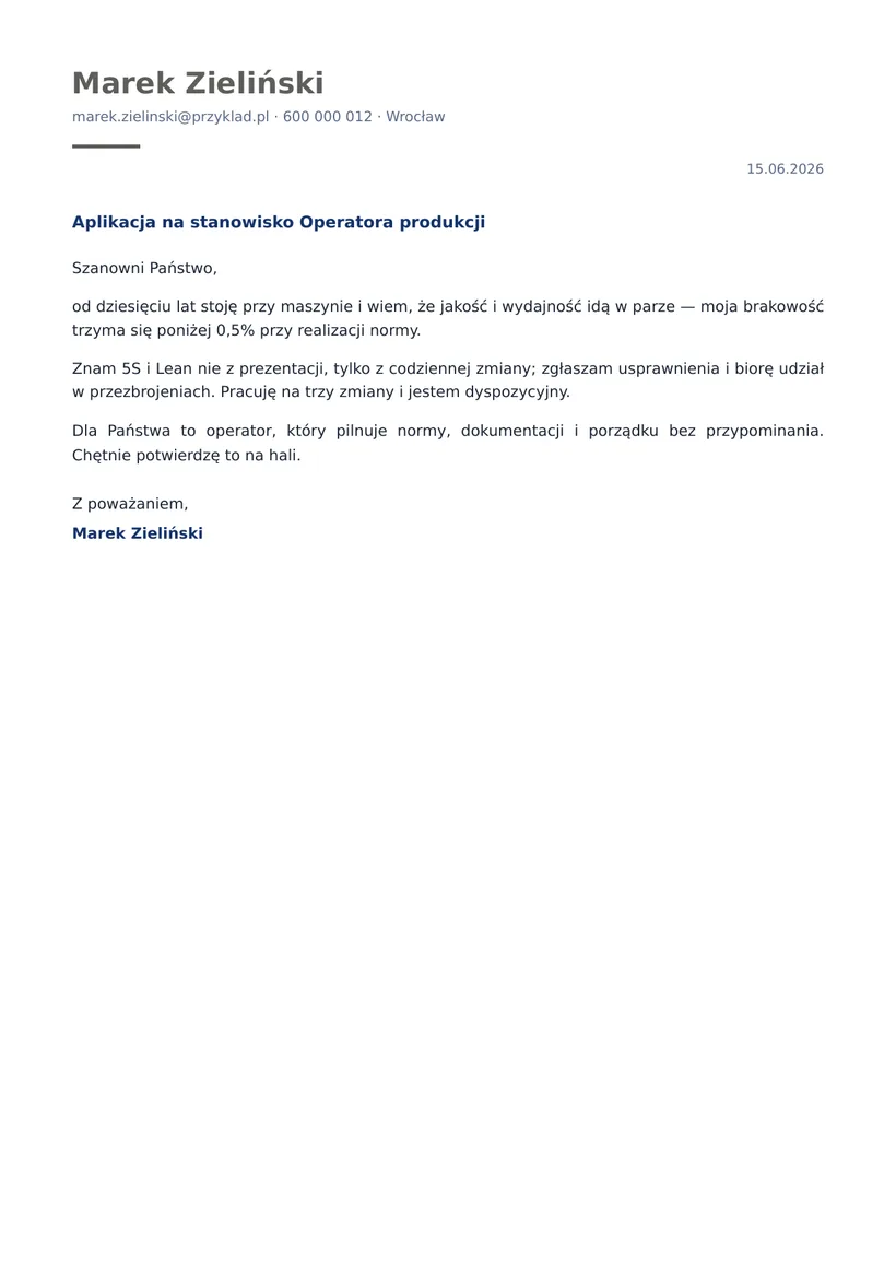 Wzór listu motywacyjnego — Operator / pracownik produkcji