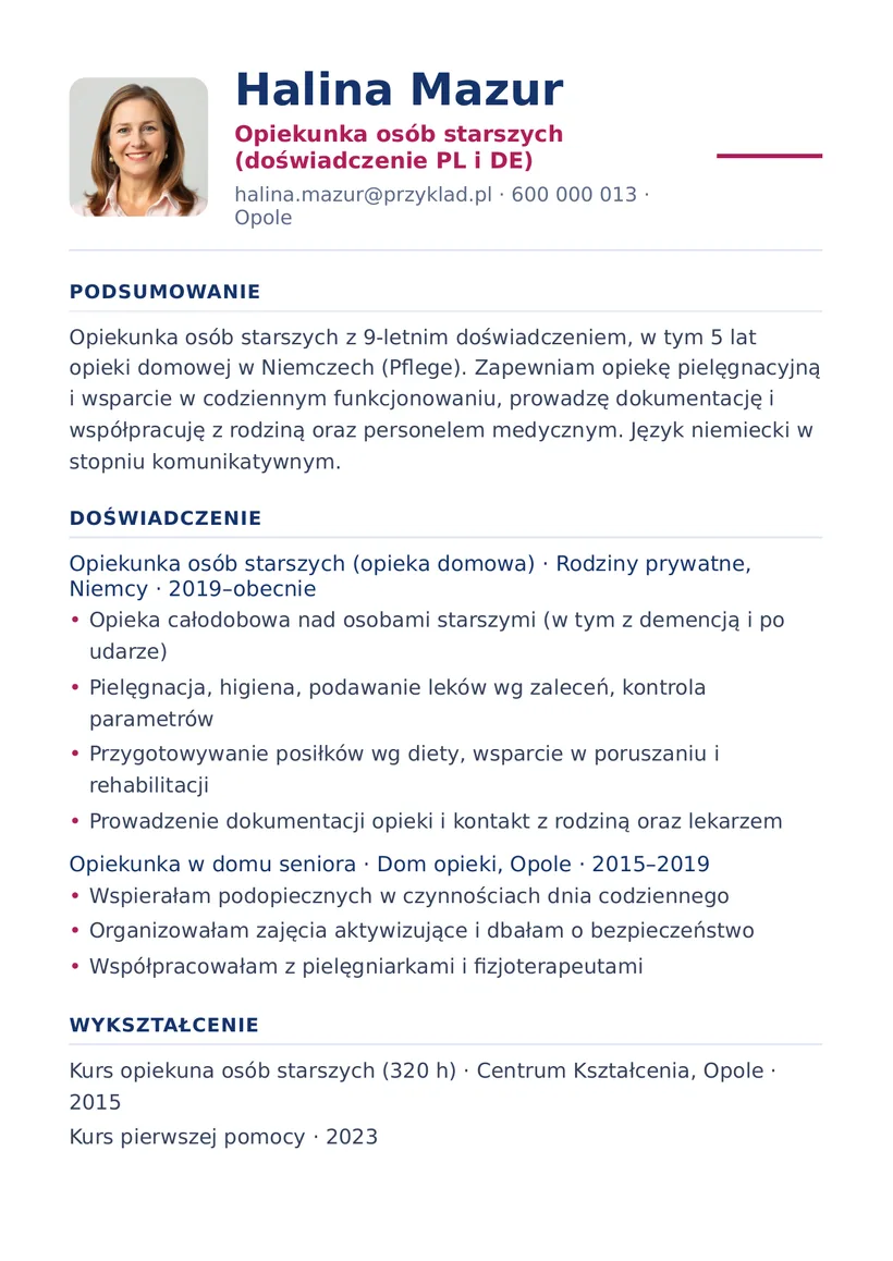 Wzór CV — Opiekunka osób starszych — strona 1