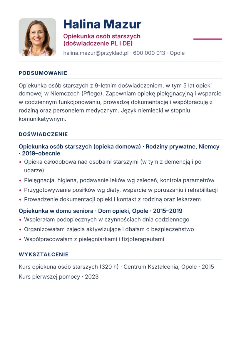Wzór CV — Opiekunka osób starszych — strona 1