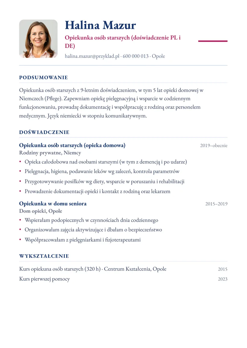 Wzór CV — Opiekunka osób starszych — strona 1