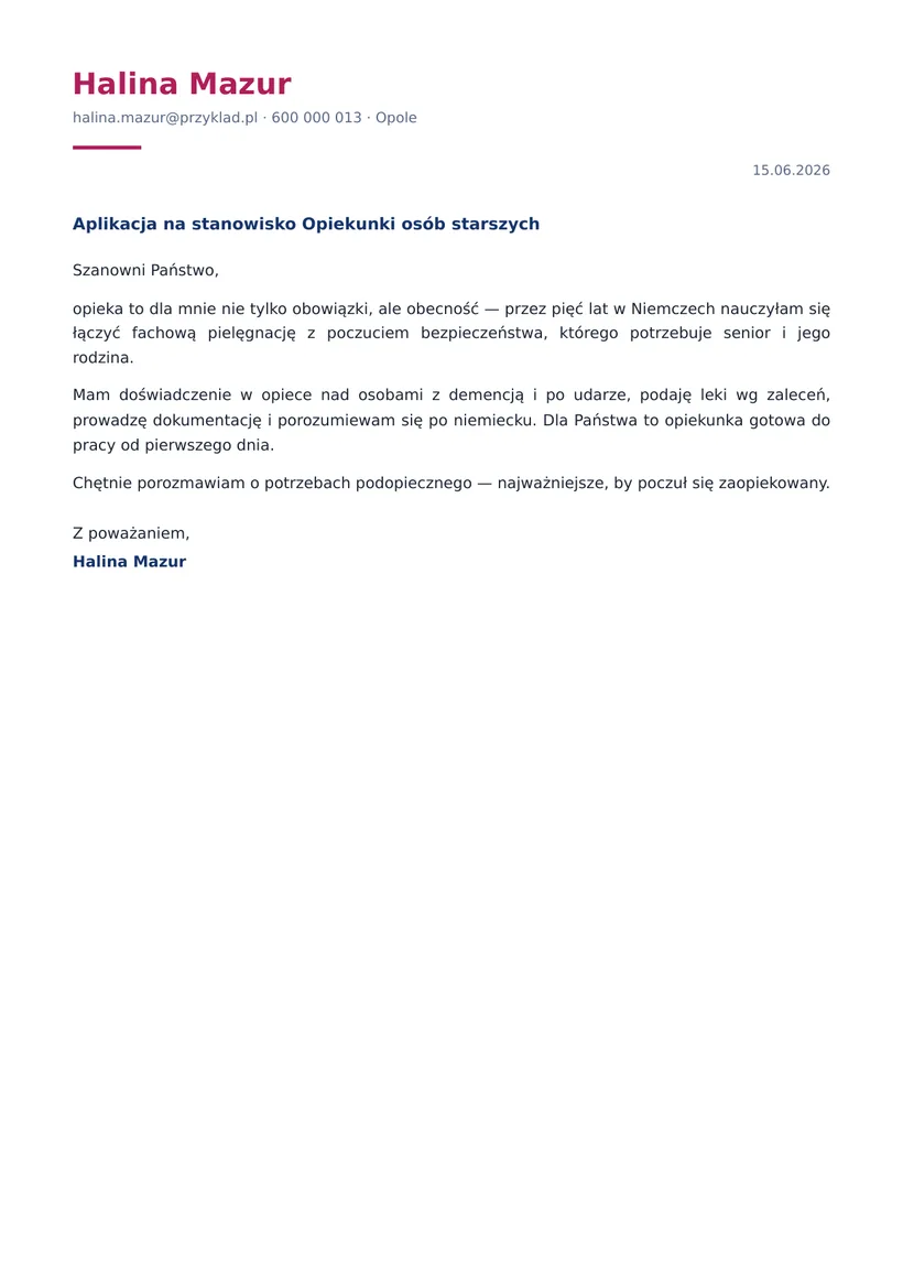 Wzór listu motywacyjnego — Opiekunka osób starszych