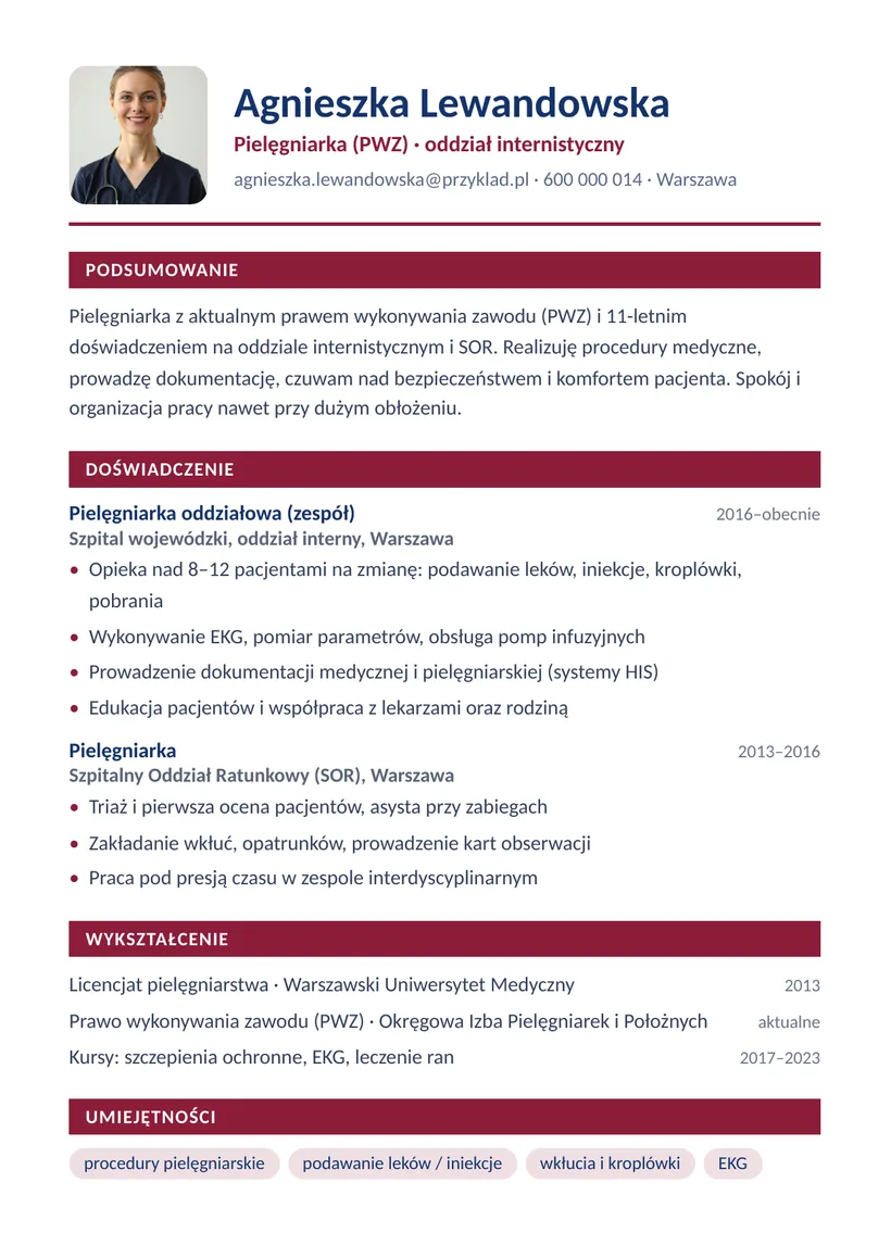 Wzór CV — Pielęgniarka — strona 1