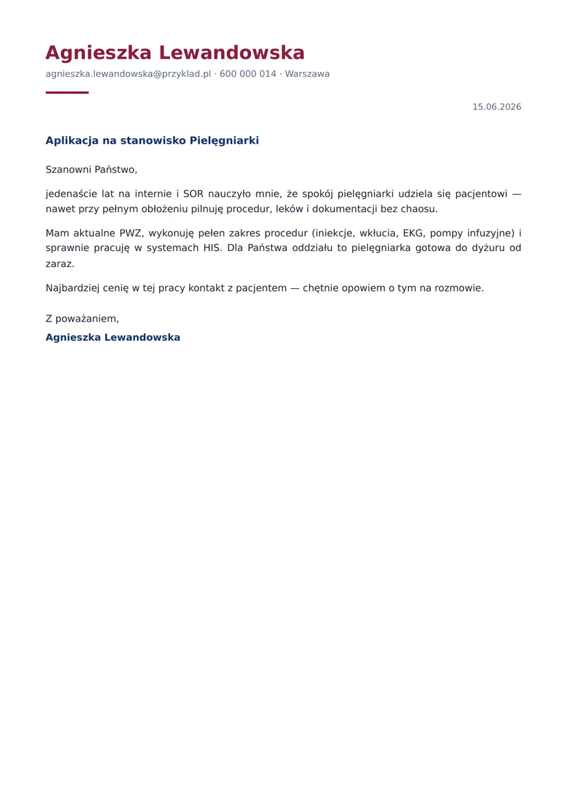 Wzór listu motywacyjnego — Pielęgniarka