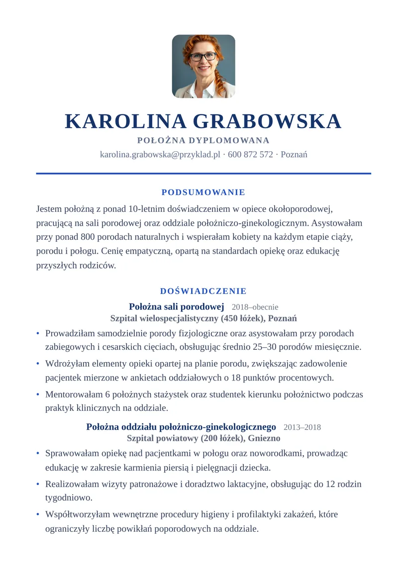Wzór CV — Położna — strona 1