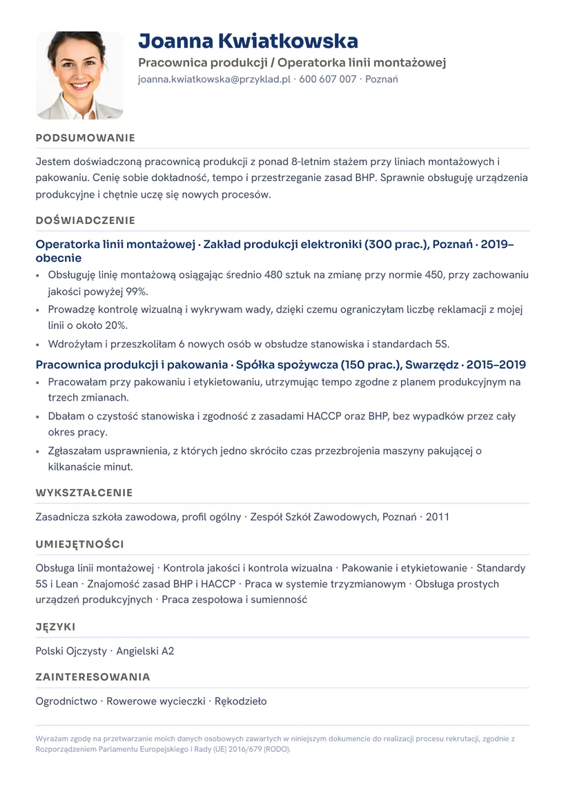 Wzór CV — Pracownik produkcji — strona 1