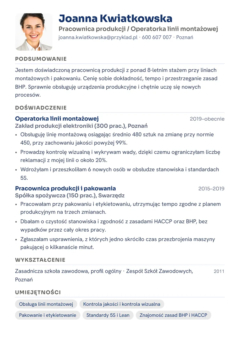 Wzór CV — Pracownik produkcji — strona 1