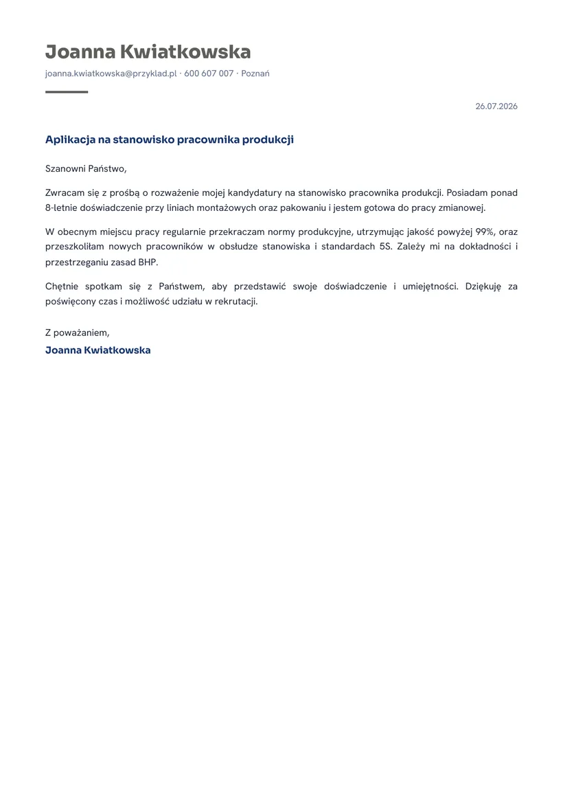 Wzór listu motywacyjnego — Pracownik produkcji