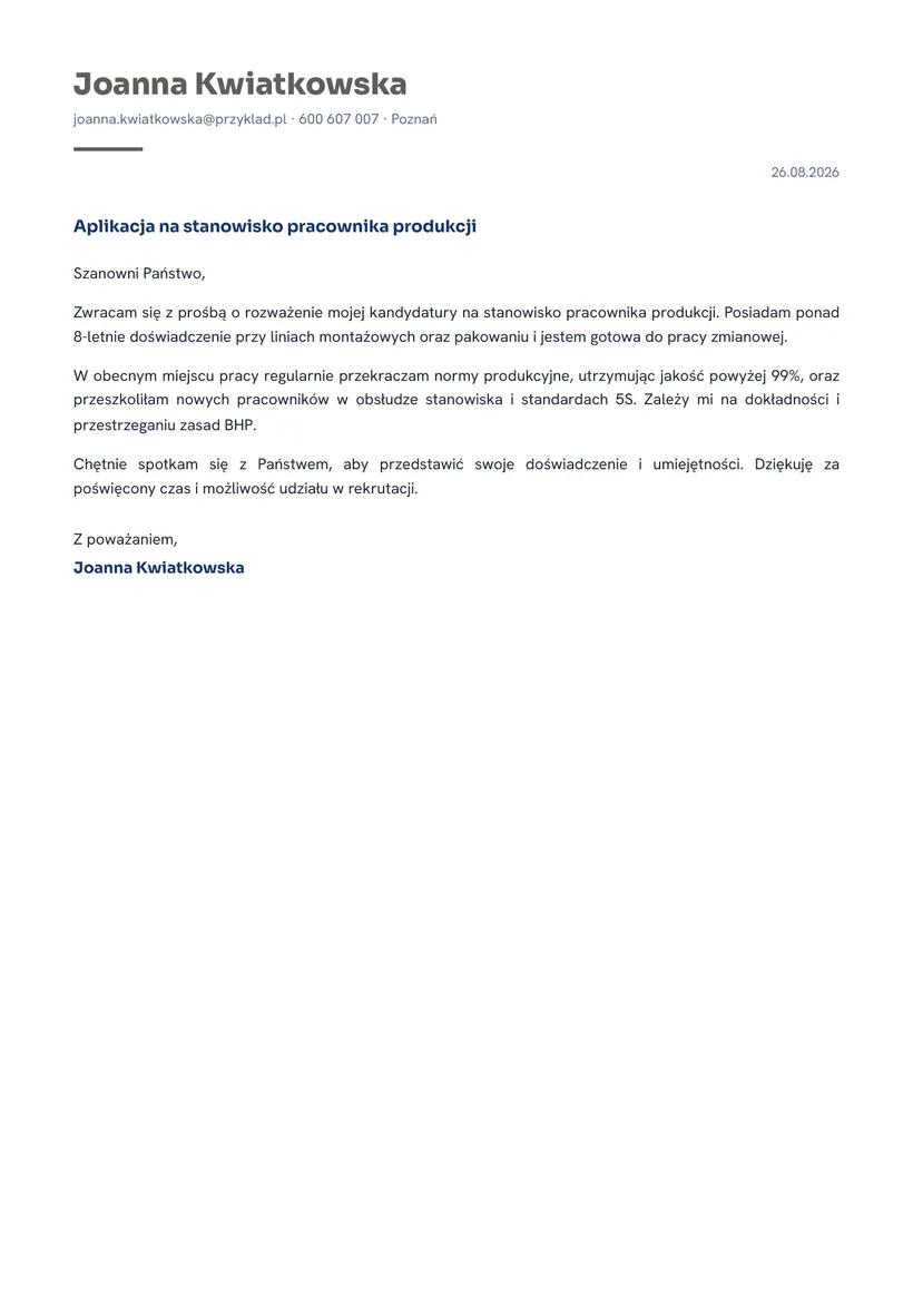 Wzór listu motywacyjnego — Pracownik produkcji