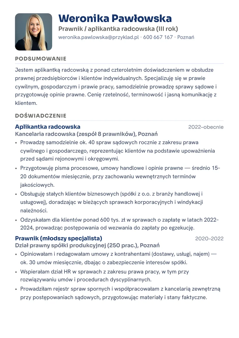 Wzór CV — Prawnik / aplikant radcowski — strona 1