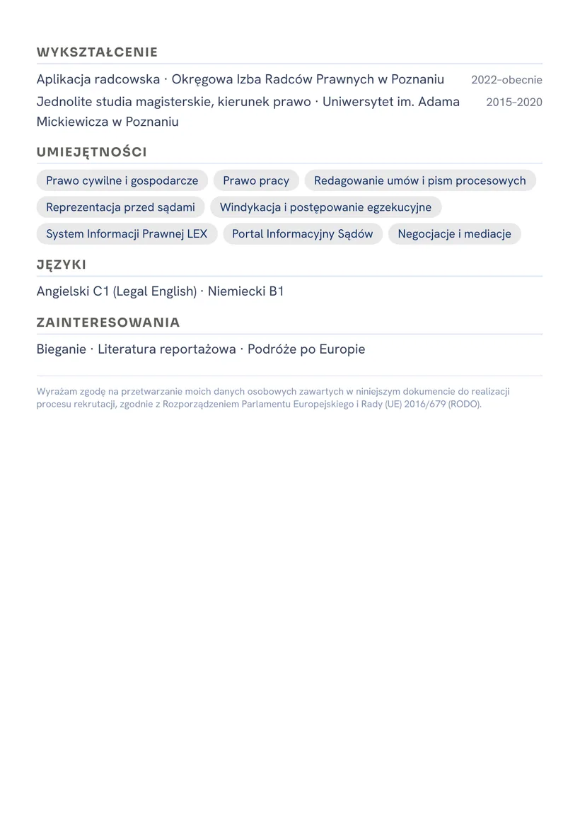 Wzór CV — Prawnik / aplikant radcowski — strona 2