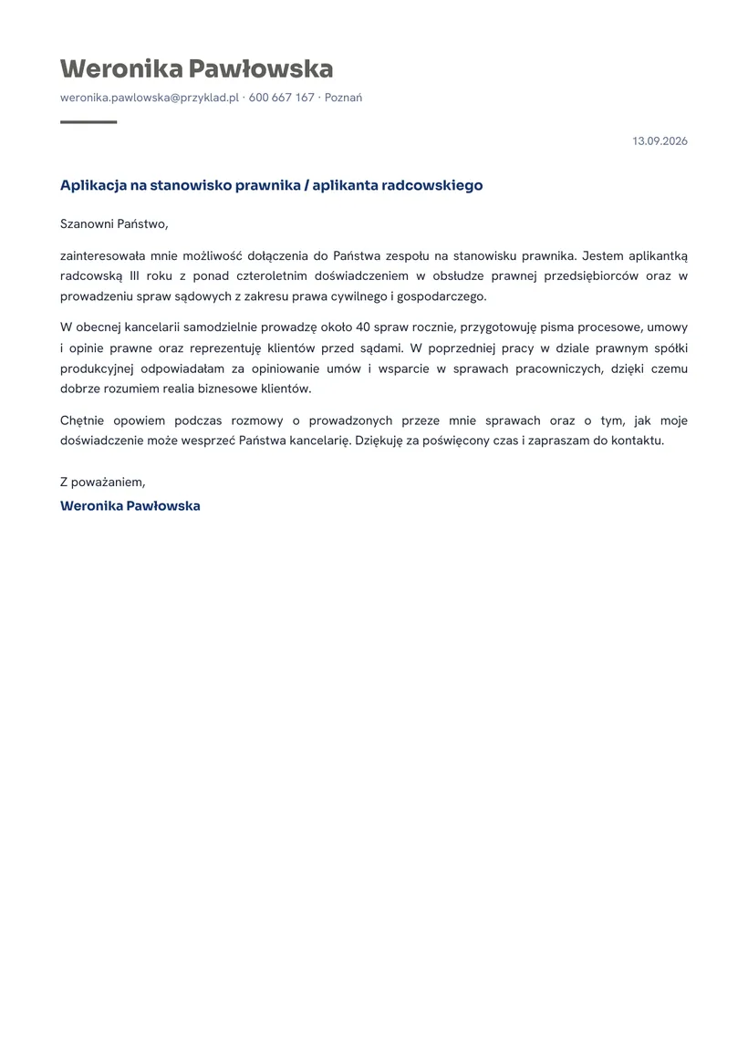 Wzór listu motywacyjnego — Prawnik / aplikant radcowski