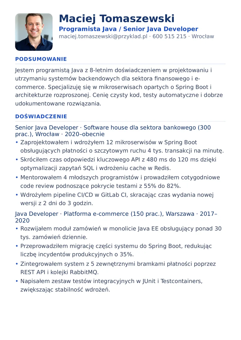 Wzór CV — Programista Java — strona 1