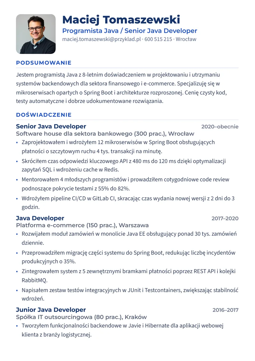 Wzór CV — Programista Java — strona 1